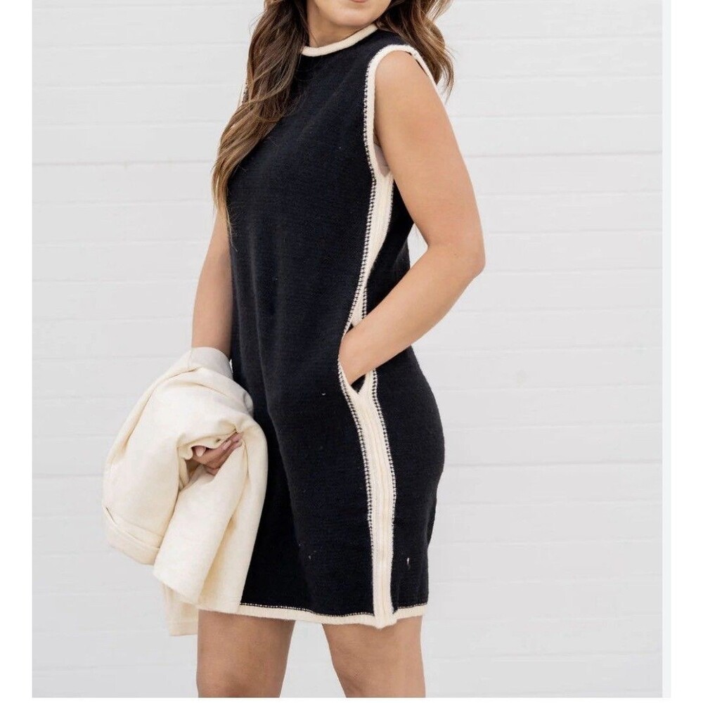 NWT Tank Sweater Knit Midi Black Cream Stretch Dress Sz S Pockets Mockneck - Picture 3 of 16